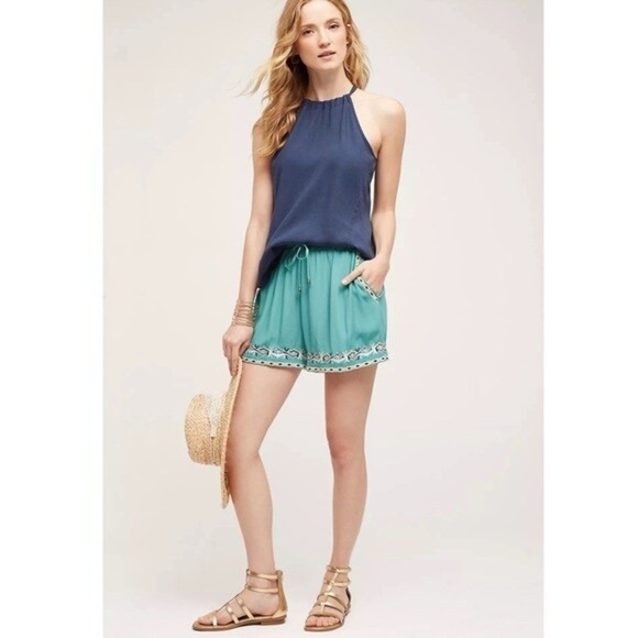 Anthropologie hei hei embroidered shorts teal large drawstring - Picture 1 of 17